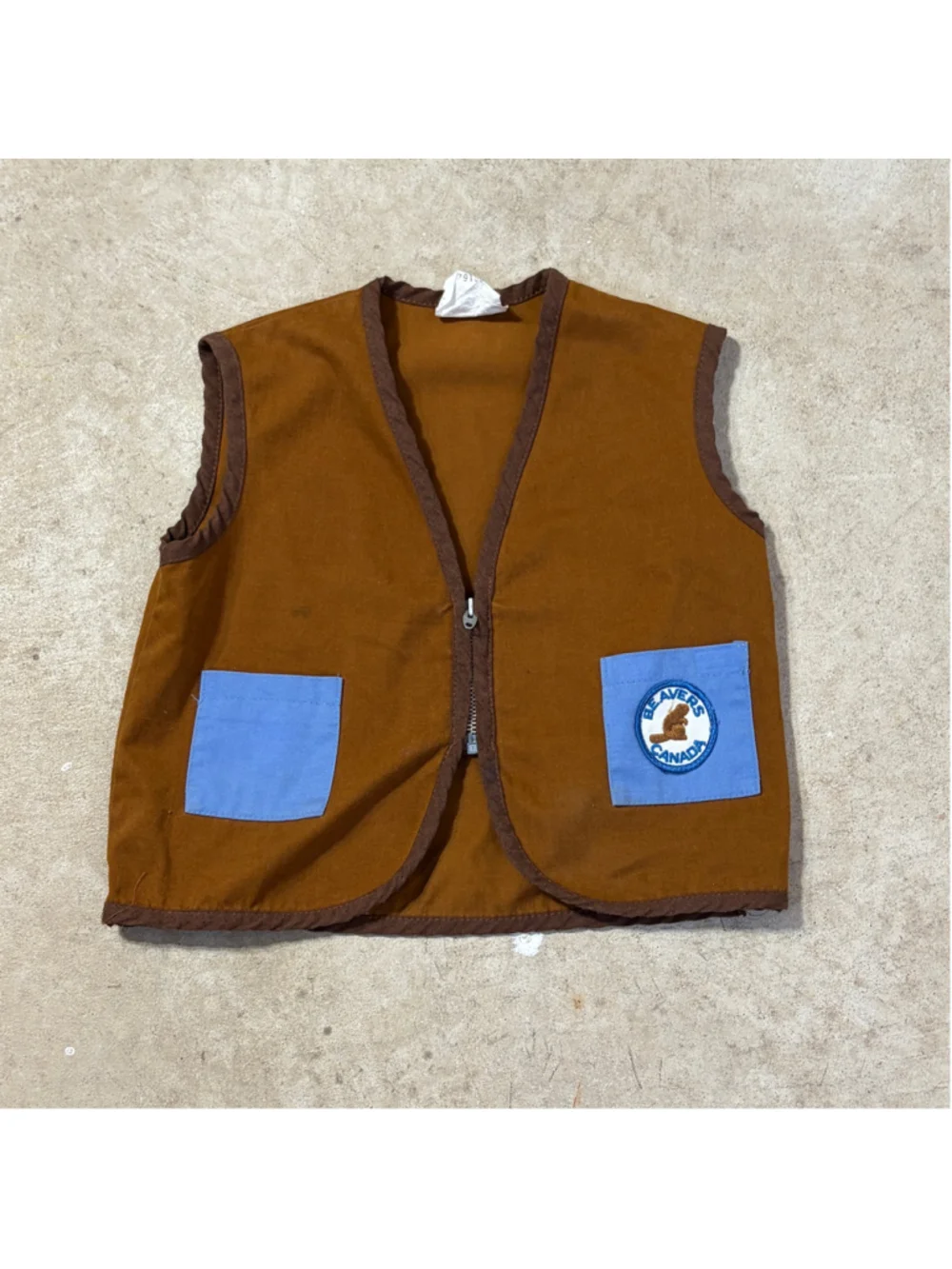 Vintage Beavers Canada Vest Youth Boy’s Size 10 Brown Blue Front Zipper Pockets